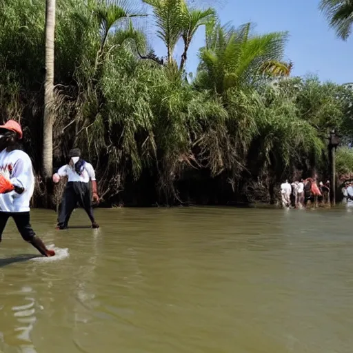 Image similar to DaBaby walking into river full of crocodiles riding a giant baseball cap