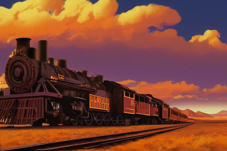 Image similar to idyllic old western train station illustration by syd mead, artstation, 4 k, graphic novel, concept art, matte painting, steam engine spewing billowy clouds of steam, beautiful mountain desert sunset background, golden hour