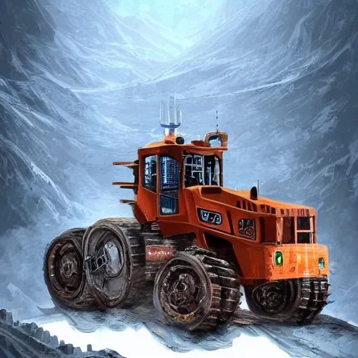 Prompt: a massive machine used to move mountains. mechanical giant machine with treads. a tiny operator is standing on the top. concept art. very high quality. hd.