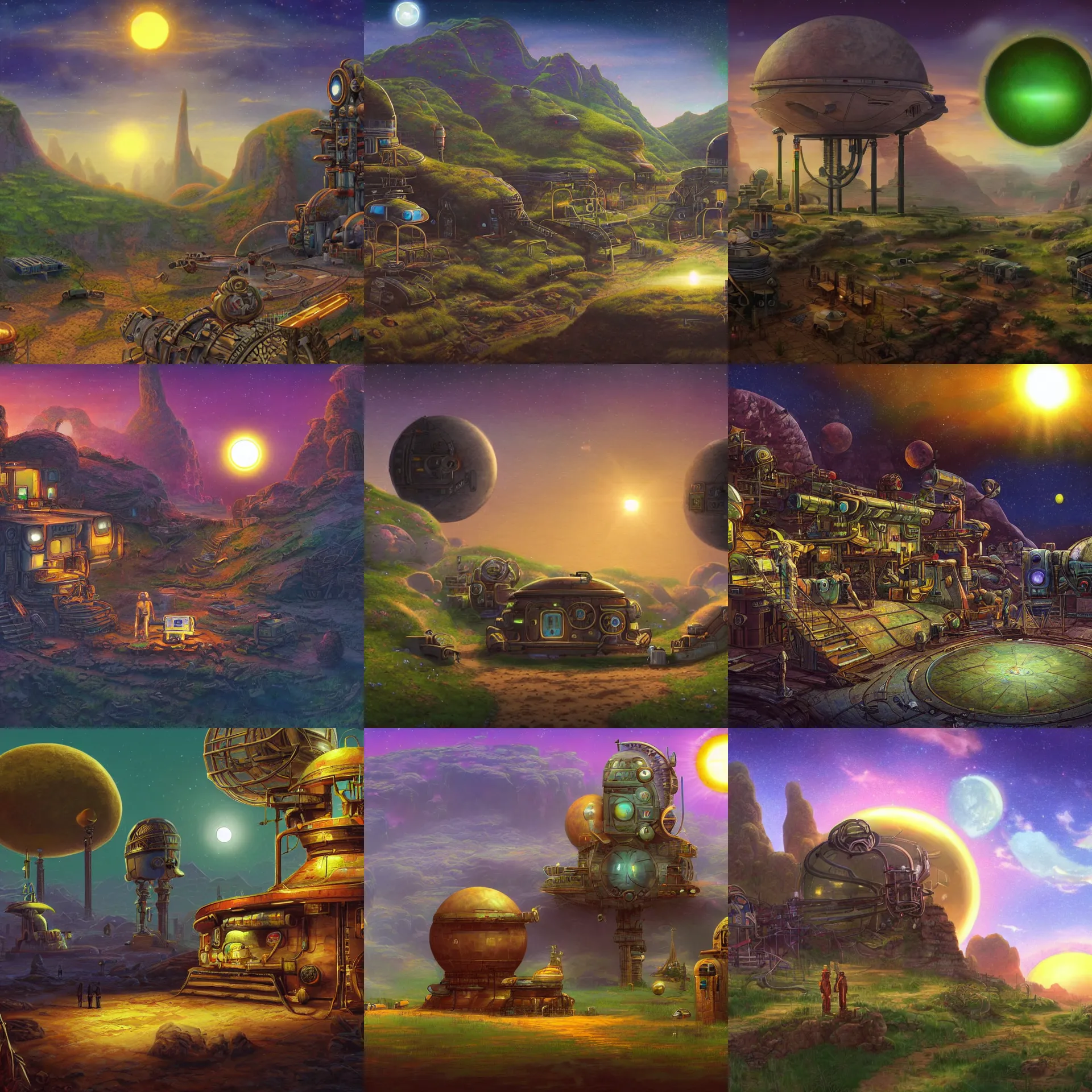 Prompt: in front of a remote human outpost on a remote planet with a green sun, from a space themed point and click 2 d graphic adventure game, art inspired by steampunk and thomas kinkade