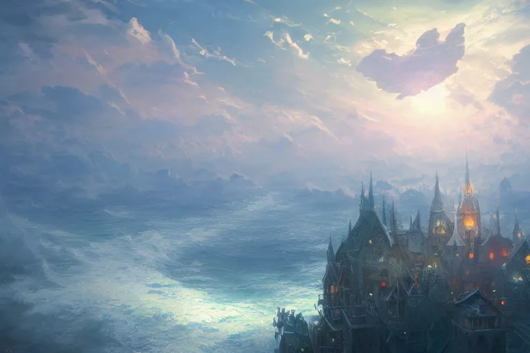Prompt: above a maelstrom of the sea, there is a floating island with gothic buildings, by makoto shinkai thomas kinkade, and james gilleard, wide angle, deviantart, cgsociety, 4 k vertical wallpaper