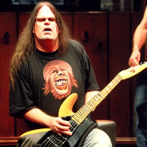 Image similar to George Fischer from cannibal corpse shows off his neck on Jerry Springer in the style of Moebius