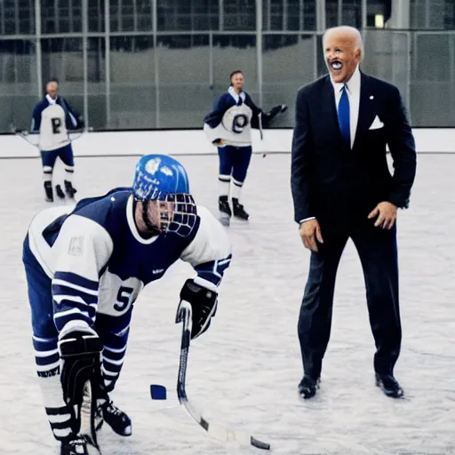 Prompt: drake and joe biden playing hockey, movie still, cinematic lighting
