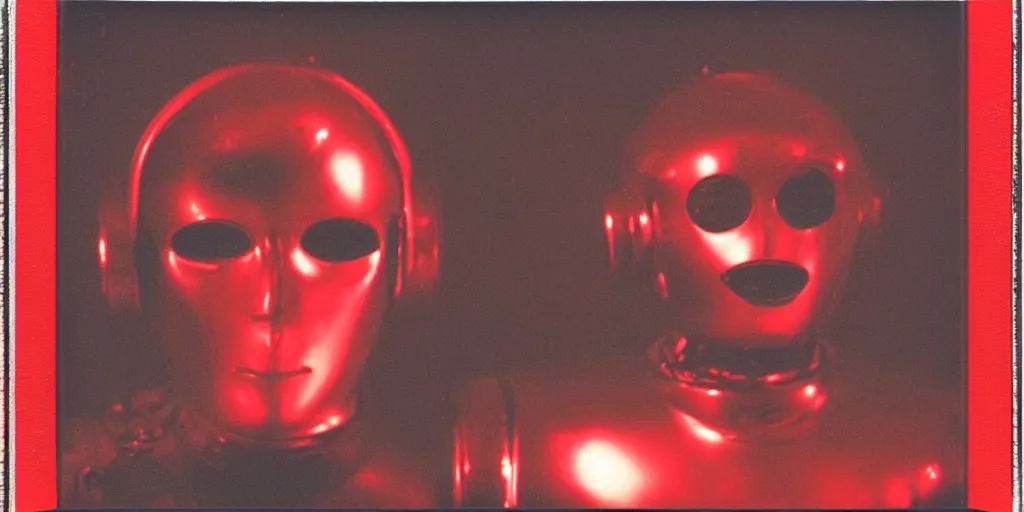 Prompt: analog vintage photography portrait polaroid of a futuristic chrome robot face, red color bleed, heavy film grain, bloom, glow