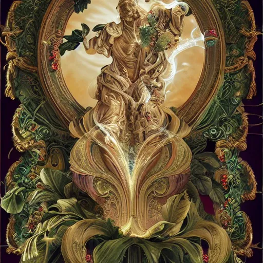 Prompt: beautiful classical holy decorative ornament, sacred tiger, acanthus scrolls, lilies, ivy, anatomy, energy, geometry, corona, bones, petals, stems, ceremonial clouds, dripping paint, fibonacci rhythm, artstation, art germ, wlop