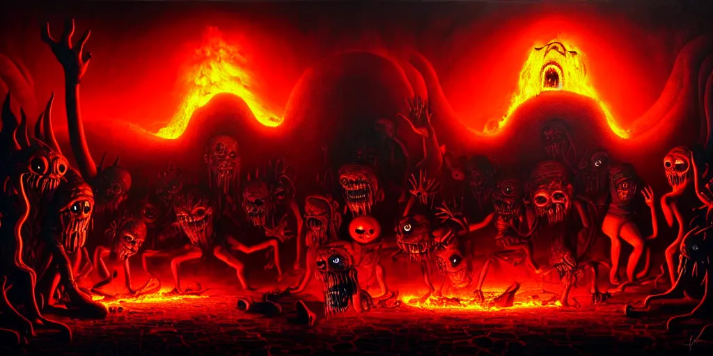 Image similar to repressed emotion creatures and monsters at the mouth of hell, dramatic lighting glow from giant fire, attempting to escape and start a revolution, in a dark surreal painting by ronny khalil