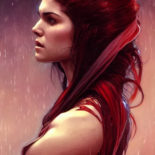 Image similar to beautiful Marie Avgeropoulos as Red Queen, Blodreina, sci-fi, closeup, D&D, fantasy, intricate, elegant, highly detailed, digital painting, artstation, concept art, matte, sharp focus, illustration, art by Artgerm and Greg Rutkowski and Alphonse Mucha