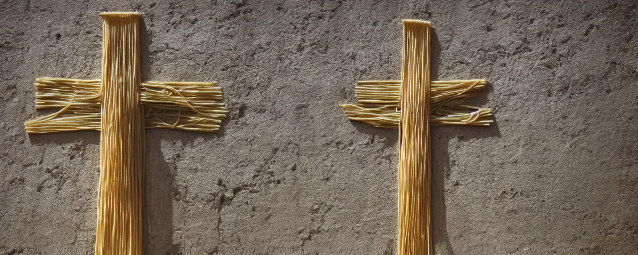 Image similar to jesus on a cross made of spaghetti, ancient rome, architectural, minimal, canon 5 0 mm, wes anderson film, kodachrome