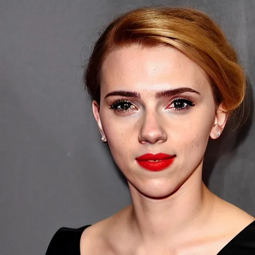 Image similar to a woman who is a genetic combination of scarlett johansson and emma watson face and upper - body focus