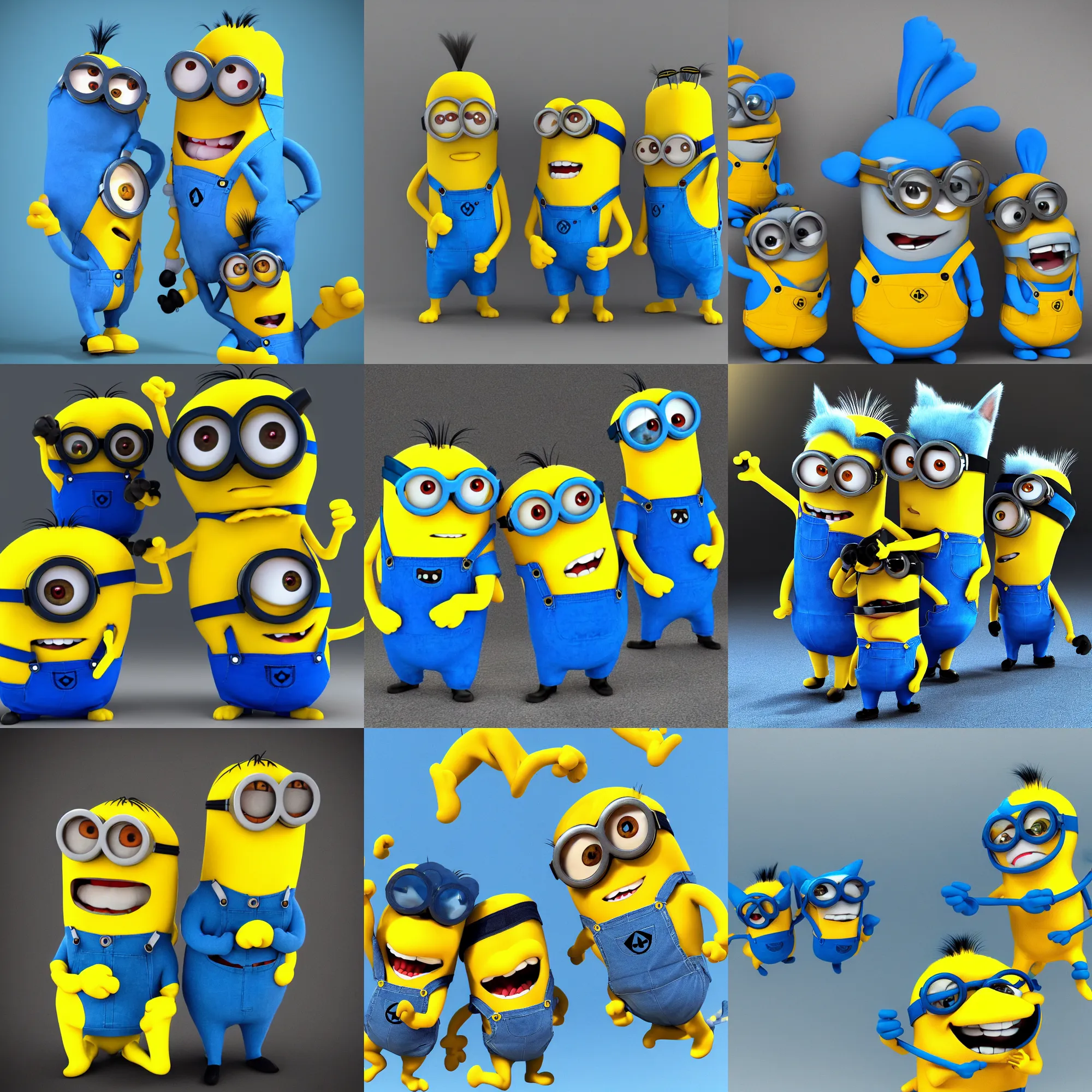 Prompt: a pair of blue cat minions, yellow overalls, 3 d animation