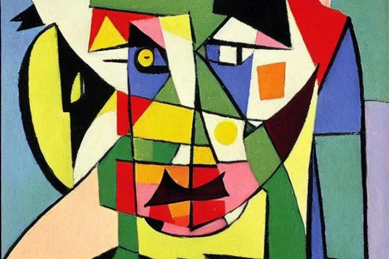 Prompt: pablo picasso cubism painting of shrek the ogre. muted colour palette