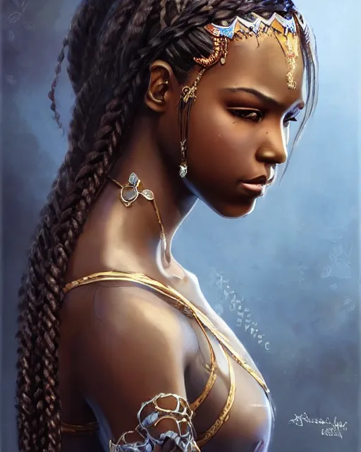 Prompt: Intricate 3/4 view portrait of a gorgeous dark skinned goddess with decorated braided hair and crystals on her cheeks and forehead, realistic character concept, by wlop and Ross Tran and sam yang and mandy jurgens and viktoria gavrilenko, identical eyes, gazing eyes, stunning, gorgeous, beautiful eyes medium shot, elegant pose, fantasy, featured on artstation, cinematic lighting, hyperdetailed, cgsociety, 8k, golden ratio, vfx, postprocessing, alluring