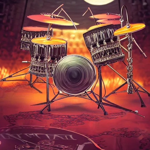 Image similar to khamenei playing drums in heavy metal band in heaven, high definition, trending on artstation, unreal engine, photorealistic, high resolution,, trending on deviantart, hdr, hyper detailed, insane details, intricate, elite, ornate, elegant, luxury, dramatic lighting, 1 0 6 6 3 8 1 0 9 0