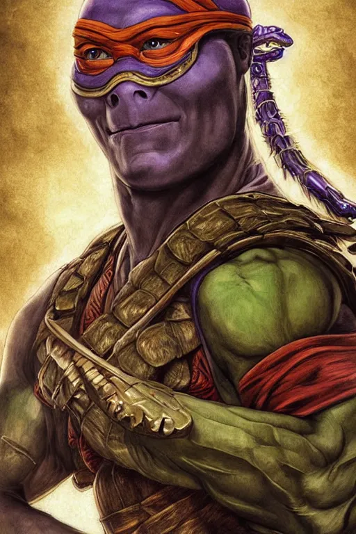 Prompt: a stunning portrait of ninja turtle Donatello by Evelyn De Morgan and Ross Tran, rossdraws, fresco