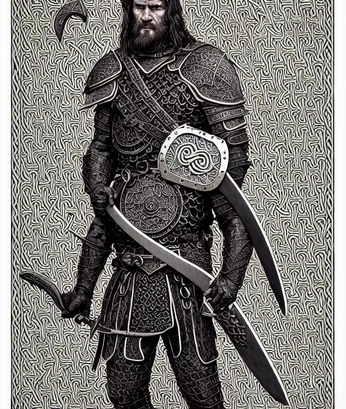 Image similar to shaded, minimalist, knotwork with center viking warrior, extremely detailed, bold line art, by vincent di fate and joe fenton and artgerm, holding shield and sword, centered, inking, etching, screen print, inkblots of color, masterpiece, trending on artstation, sharp, high contrast, hyper realistic, hd, 4 k, 8 k