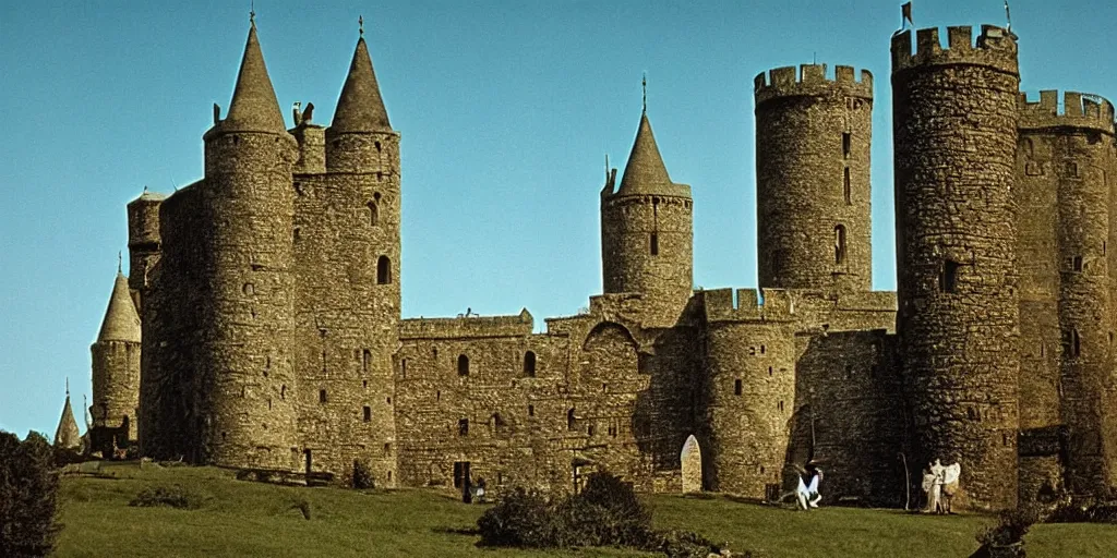 Image similar to A full color still from a Stanley Kubrick film featuring a a large black medieval tower in a green valley, 35mm, 1975