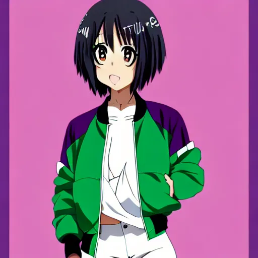 Image similar to anime poster film still portrait, young black woman, black black black woman, purple colored eyes!!!!, white!!! french bob hairstyle, green colored bomber jacket, detailed facial features, dynamic pose,, rimlight, cel shaded, 4 k