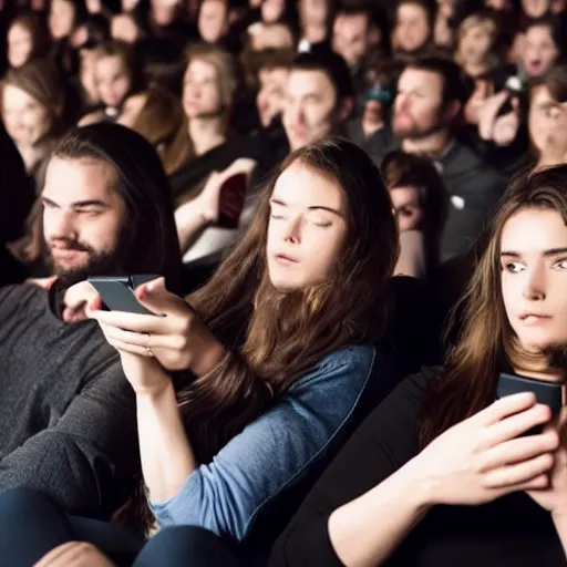 Image similar to people in a full dark movie theatre playing on their cellphones