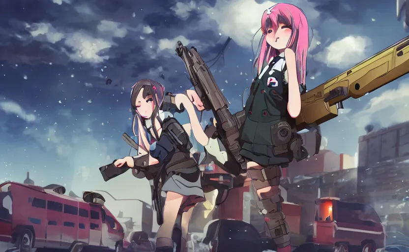 Image similar to a girl in her school uniform holding a shotgun with a cat next to her, epic apocalyptic city, slice of life anime wallpaper, digital art, 4k ultra