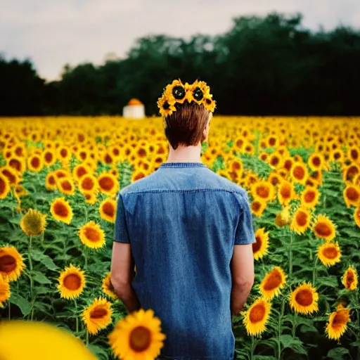 Image similar to kodak portra 4 0 0 photograph of a skinny blonde guy standing in field of sunflowers, back view, flower crown, moody lighting, telephoto, 9 0 s vibe, blurry background, vaporwave colors, faded!,