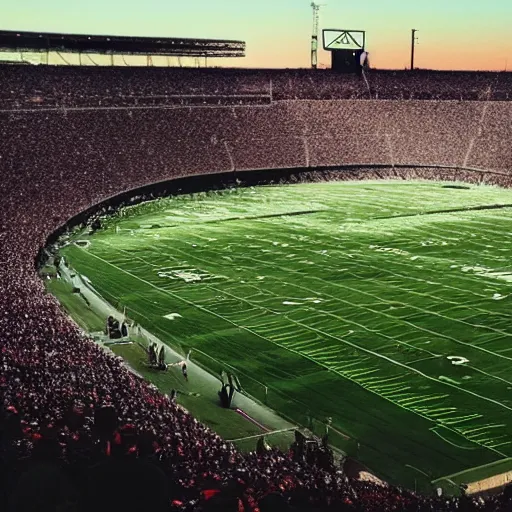 Image similar to Cellphone photo from the stands of a football stadium. An alien spacecraft lands on the field during a game