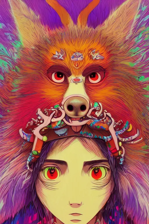 Prompt: a colorful vibrant 3 d portrait of princess mononoke from studio ghibli, intricately detailed, simple eyes, symmetric, tribal psychedelic, colorful flat surreal design, hd, 8 k, artstation