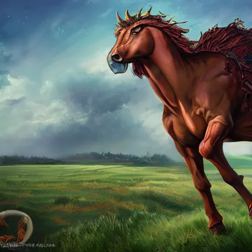 Prompt: centaur overlooking a field, d & d style, trending on artstation, colorful, intricate, art by kev chan