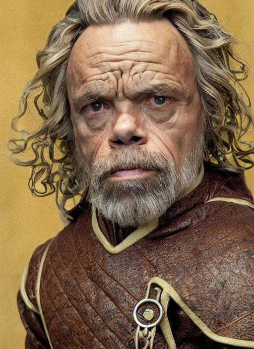Image similar to portrait of warwick davis as tyrion lannister, with platinum blonde hair and green eyes, by anne stokes and larry elmore, smooth shaven face, lucian freud and drew struzan, detailed matte painting, realistic portrait, symmetrical, highly detailed, digital painting, artstation, concept art, smooth, sharp focus, illustration, cinematic lighting, 8 k resolution