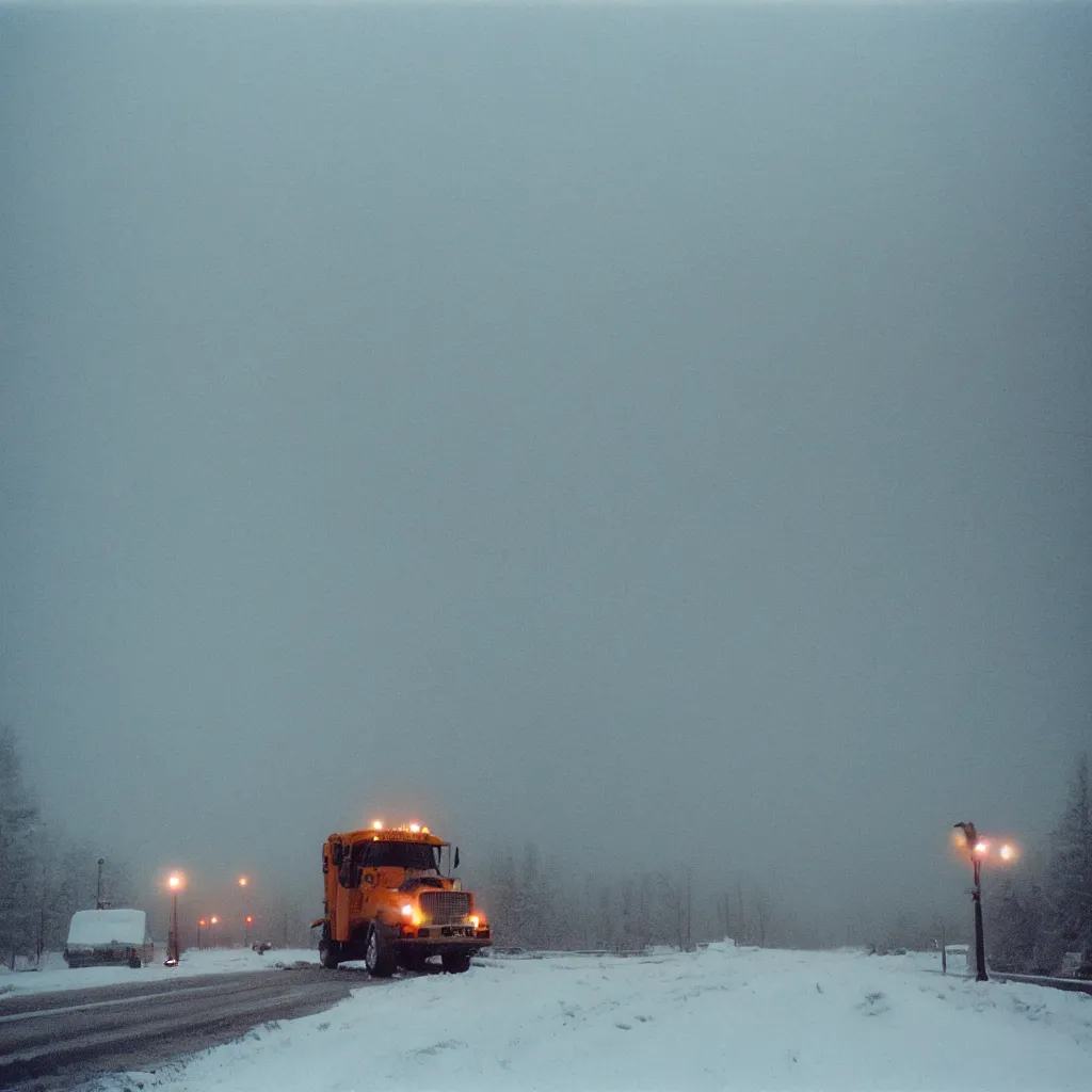 Image similar to photo, big snow plow truck is in the distance with a bright headlighta. cold color temperature, snow storm. hazy atmosphere. humidity haze. kodak ektachrome, greenish expired film, award winning, low contrast,