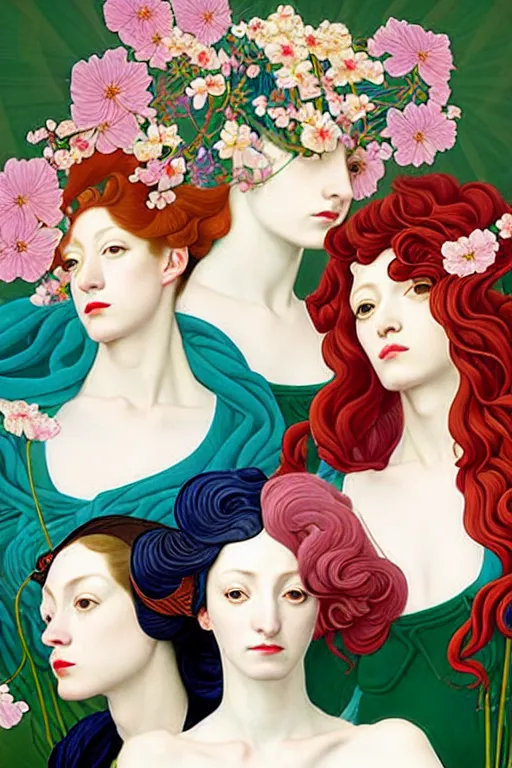 Image similar to 3 Spring Muses symbolically representing March, April, and May, in a style blending Æon Flux, Peter Chung, Shepard Fairey, Botticelli, Ivan Bolivian, and John Singer Sargent, inspired by pre-raphaelite paintings, shoujo manga, and cool Japanese street fashion, dramatically blossoming flora and fauna, petals falling everywhere, pastel vivid triad colors, hyper detailed, super fine inking lines, ethereal and otherworldly, 4K extremely photorealistic, Arnold render