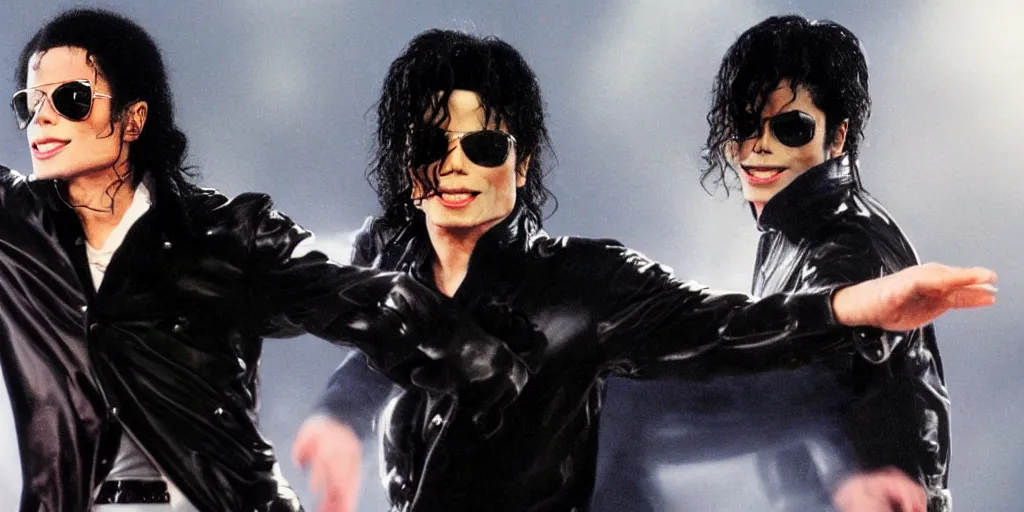 Image similar to michael jackson by himself 2 0 0 9 style wearing shades, studio dancing solo, this is it style, photo real, pores, motion blur, solo, by himself, heroic pose, real life, spotted, ultra realistic face, accurate, 4 k, movie still, uhd, sharp, detailed, cinematic, render, modern