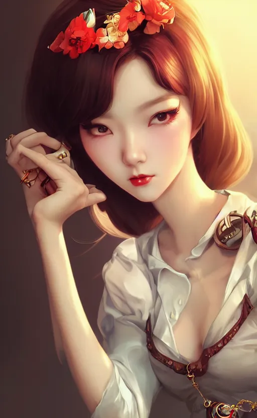 Image similar to a pin up and beautiful fashion charming dreamlke korea girl with lv jewelry, character art, art by artgerm lau and kyoung hwan kim and and ilya kuvshinov and john singer sargent, hyperdetailed, 8 k realistic, symmetrical, frostbite 3 engine, cryengine, dof, trending on artstation, digital art