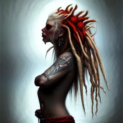 Prompt: portrait of flawless beautiful psychopathic female with blonde and red dreadlocks, dark, piercing eyes, exotic expression, esoteric clothing, photorealistic, highly detailed, mysterious lighting, artstation, smooth, sharp focus, art by michael whelan, artgerm, greg rutkowski and luis royo