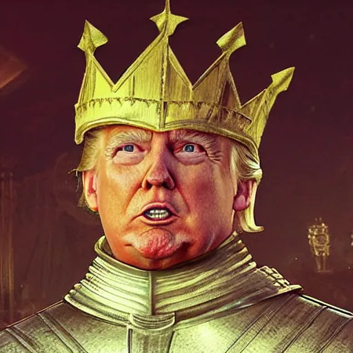 Prompt: cinematic front shot, donald trump as a knight, shinning armor, knights armor, donald trumps sexy face, intimidating pose, donald trump wearing a crown, donald trump smug face, by hans thoma