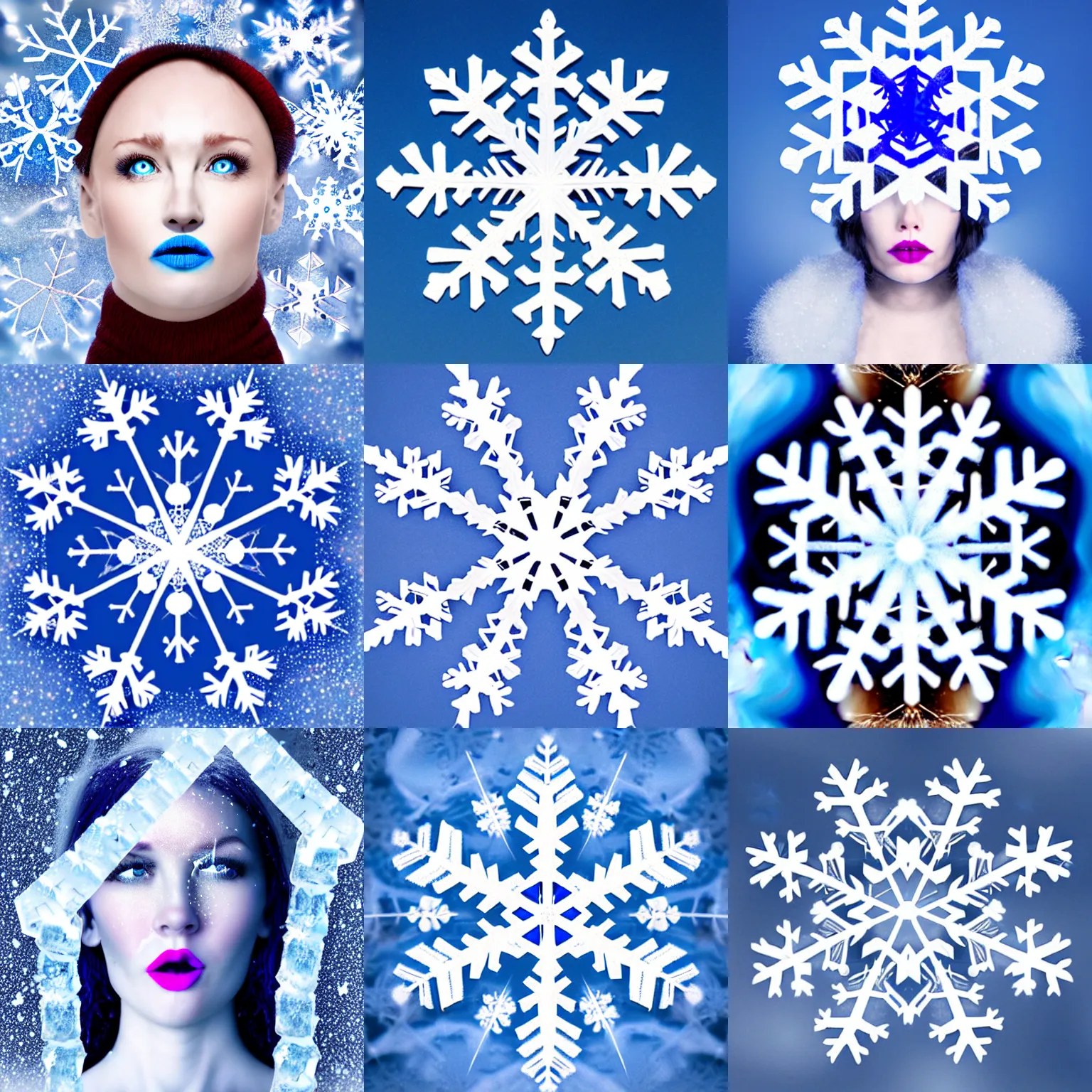 Prompt: surreal photography snowflake with ice princess face