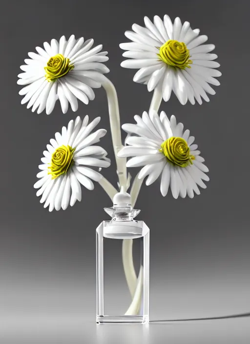 Image similar to perfume bottle standing in a miniature biomechanical white enchanted coral kingdom daisies, roses in an ivory room well contoured smooth fair walls, up close shot, sharp focus, global illumination, radiant light, alexandre ferra white mecha, irakli nadar, octane highly render, 4 k, ultra hd,