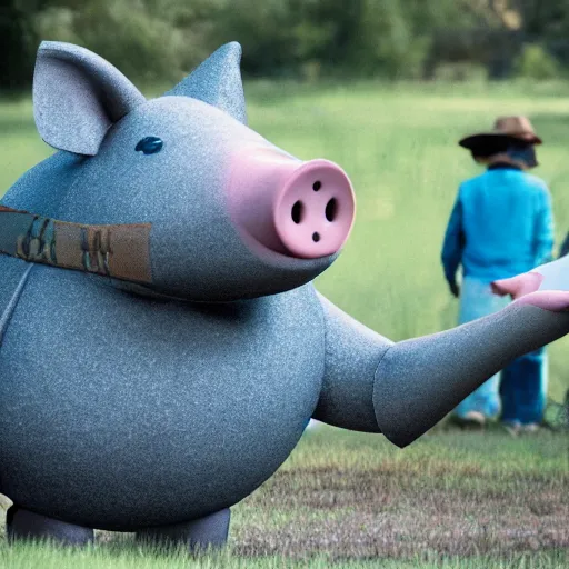 Image similar to movie still of a pig shaped robot