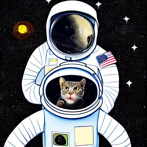 Prompt: ln illustration cat wearing astronaut suit on the moon planet earth in the background sigma 1 4 mm f / 1. 8 astroied belt