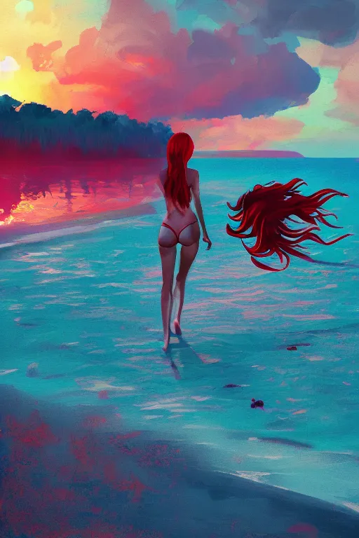 Prompt: red haired girl, bikini, crowded beach surreal photography, sunrise, dramatic light, impressionist painting, colorful clouds, digital painting, artstation, simon stalenhag