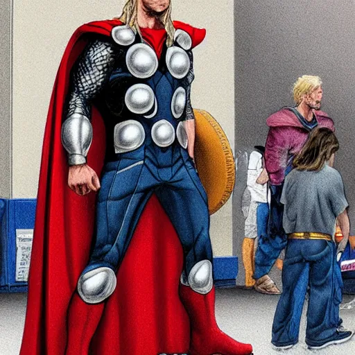 Prompt: thor waiting in line at the DMV, marvel's thor, long line, DMV, waiting, high detail, 4k