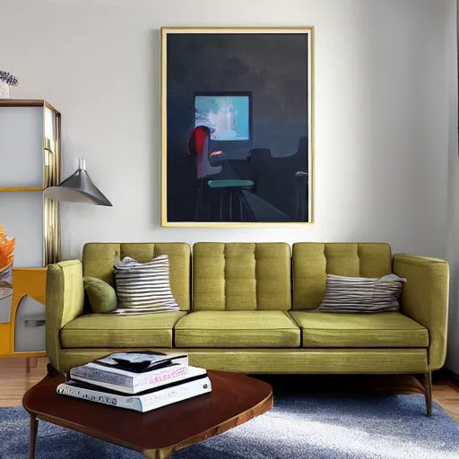 Image similar to painting of cozy mid century modern living room, artgerm