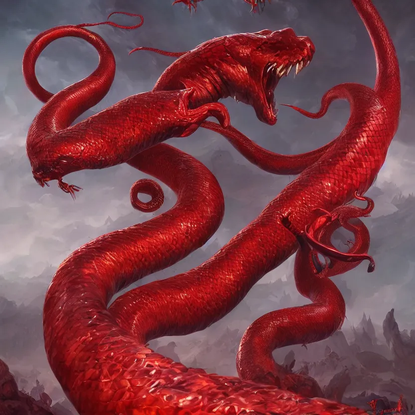 Image similar to an evil red magical serpent rises up over an army, concept art, beautiful design, sharp, fantasy aesthetic, highly detailed, artgerm, trending on artstation, award - winning,