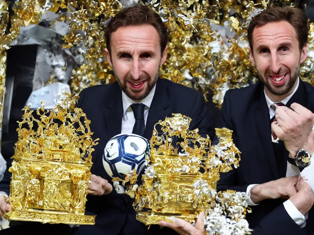 Prompt: a solemn perfect photograph of gareth southgate placing a soccer ball into an intricate gold coffin decorated with hate mail.