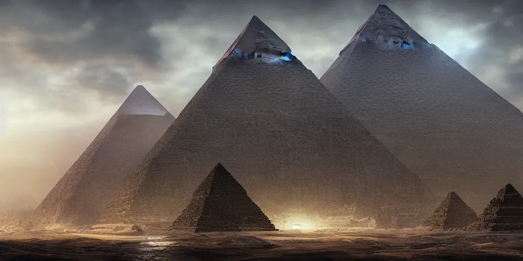 Image similar to Photorealistic epic intricate detailed dark wizard with arms outstretched, casting spells in front of an ominous Egyptian pyramid. a gentle rising mist, an epic rocky landscape. Art Nouveau, occult photorealism, UHD, amazing depth, glowing, golden ratio, 3D octane cycle unreal engine 5, volumetric lighting, cinematic lighting, cgstation artstation concept art