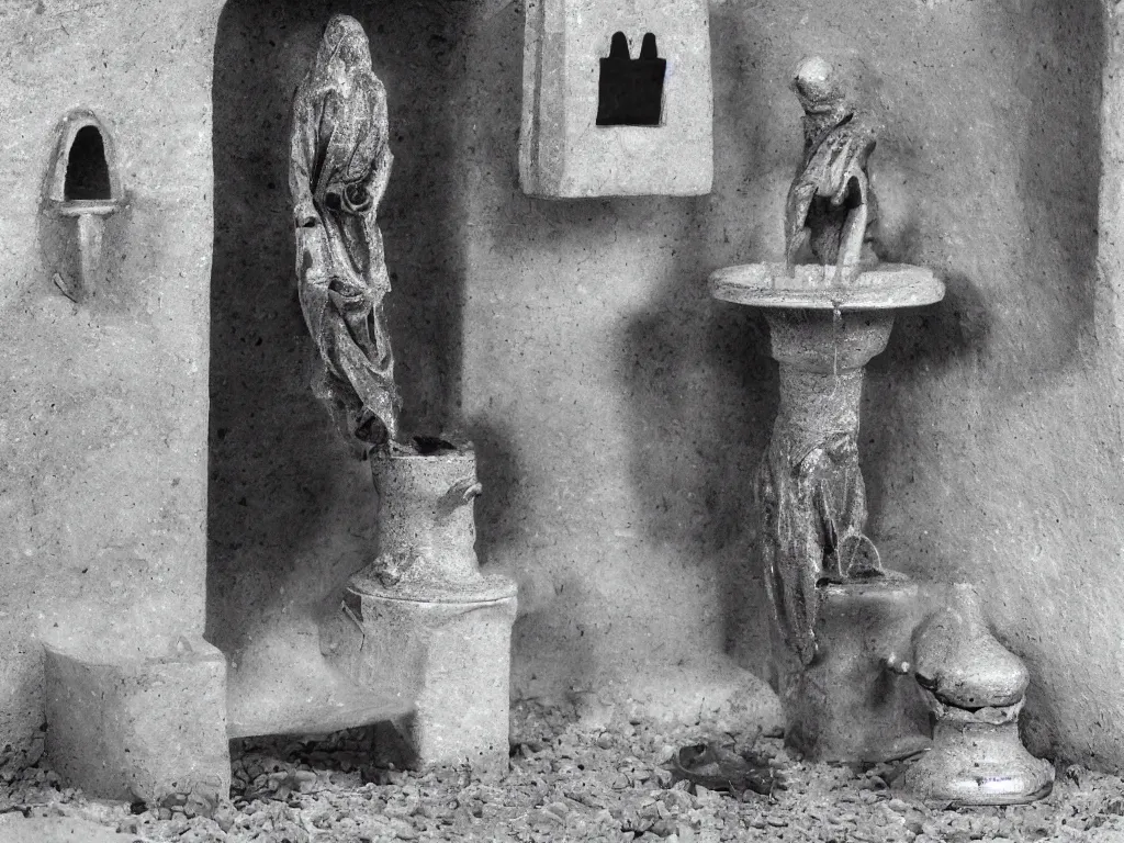 Prompt: Duchamp's Fountain urinal in the center of a nativity scene, black and white photograph