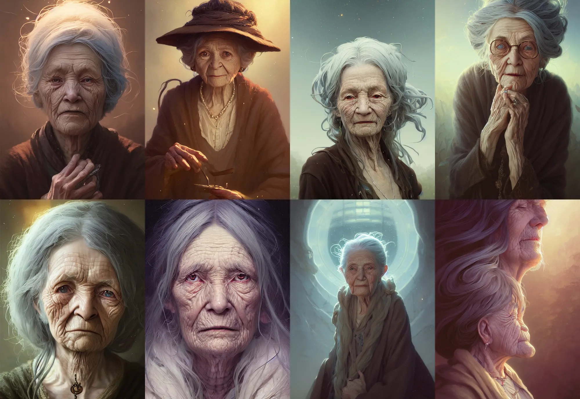 Prompt: highly detailed portrait of a very old woman with long hairs, stephen bliss, unreal engine, fantasy art by greg rutkowski, loish, rhads, makoto shinkai and lois van baarle, ilya kuvshinov, rossdraws, tom bagshaw, alphonse mucha, global illumination, radiant light, detailed and intricate environment