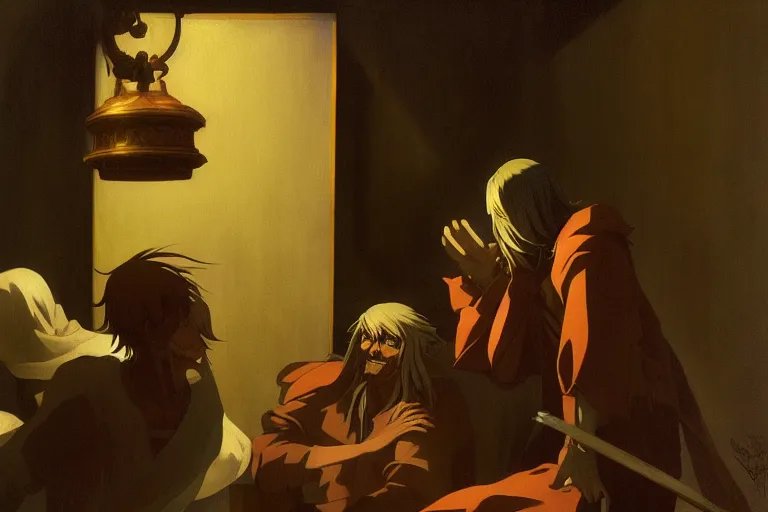 Image similar to anime key visual of leonardo davinci consorting with demons, style of jamie wyeth james gilleard edward hopper greg rutkowski acrylic painting, preserved museum piece, historical