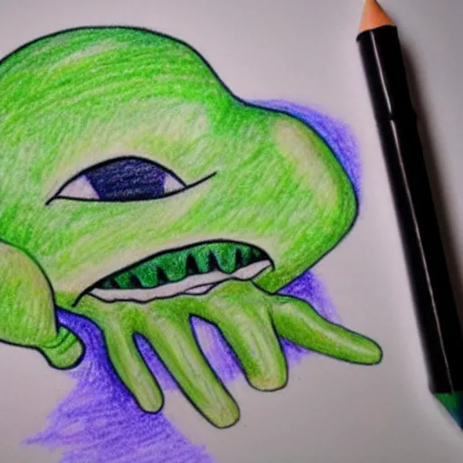 Image similar to crayola drawing of an alien showing it's fingers, green skin, big dark eyes, space suit, desert backround, detailed drawing,