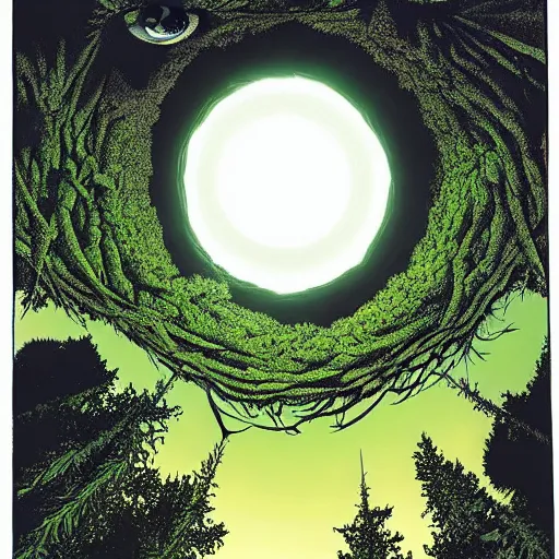 Image similar to a gigantic eye hovers over a forest, it looks down on you. wide angle, ratio 16:9. pov shot, you are standing right below the eye and look up. dramatic lighting, concept art, award winning. illustration by Brian bolland