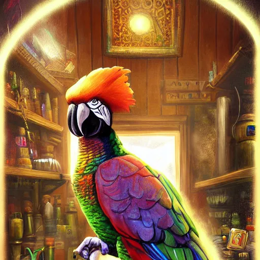 Image similar to Magic the gathering artwork of Anthropomorphized parrot trader in his shop, shelves full, selling a gem, portrait, items, magic potions, carpet, window, fancy funny hat, sly expression , cunning expression, cute expression, presenting magic gem, D&D, fantasy, cinematic lighting, highly detailed, digital painting, artstation, concept art, smooth, sharp focus, illustration, warm light, cozy warm tint, magic the gathering artwork, volumetric lighting, 8k, no gold, no gold colours, art by Akihiko Yoshida and Greg Rutkowski